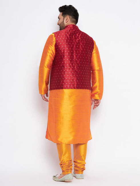 Vastramay Men's Plus Size Maroon Zari Weaved Nehru Jacket With Kurta Pyjama set